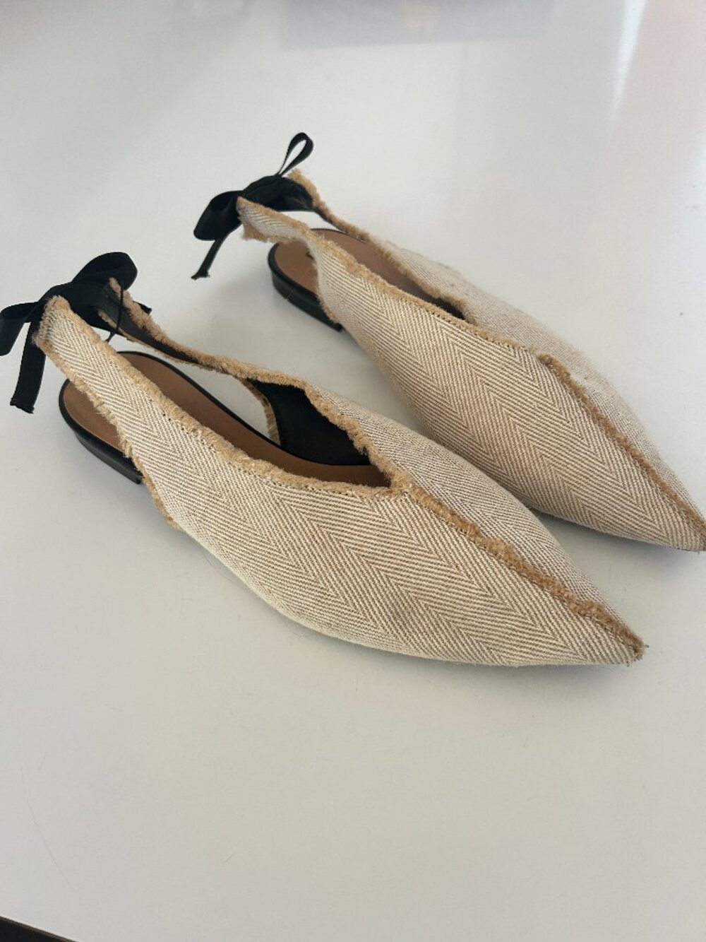 Zara Beige Pointed Slingback Flats with Black Bows